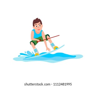 Kitesurfing sport and sure boy holding hoop and standing on board, male activity vector illustration isolated on white background