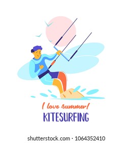 Kitesurfing. Sportsman kitesurfer. Water sports of extreme sports, summer rest on water. Colorful vector illustration in flat style.