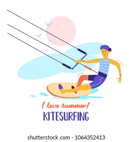 Kitesurfing. Sportsman kitesurfer. Water sports of extreme sports, summer rest on water. Colorful vector illustration in flat style.