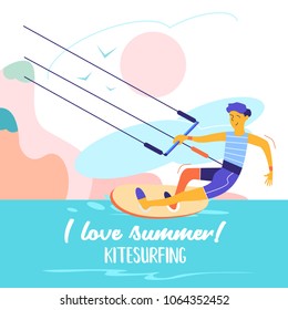 Kitesurfing. Sportsman kitesurfer. Water sports of extreme sports, summer rest on water. Colorful vector illustration in flat style.