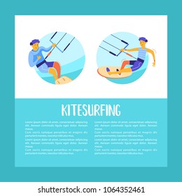 Kitesurfing. Sportsman kitesurfer. Water sports of extreme sports, summer rest on water. Colorful vector illustration in flat style.