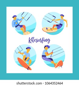 Kitesurfing. Sportsman kitesurfer. Water sports of extreme sports, summer rest on water. Colorful vector illustration in flat style.