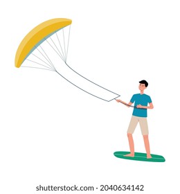 Caricatura masculina del deportista kitesurf sobre tablas de surf tirada con cometas de aire, ilustración vectorial plana aislada en fondo blanco. Deporte de agua extrema.