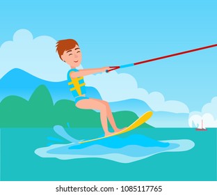 Kitesurfing summer water activity, happy boy, smiling man standing on board and holding rope, vector illustration on background of coastline