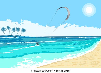 Kitesurfing summer watersport on tropical sea background with island and palms.  