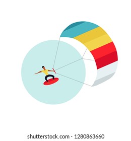 Kitesurfing. Surfing. Vector illustration. Cartoon flat style. Flat kite surfing icon. Sport, summer, freedom.