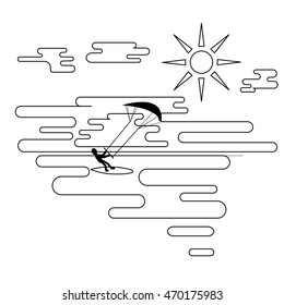 Kitesurfing, thin line, kiting. Vector. Black silhouette of kitesurfer on the sea.