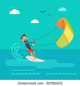 Kitesurfing vector concept. Joyful man holding kite and sliding on sea surface on surf flat vector. Leisure on summer vacation. Resting on tropical seacoast. For kiteboarding club, travel company ad  