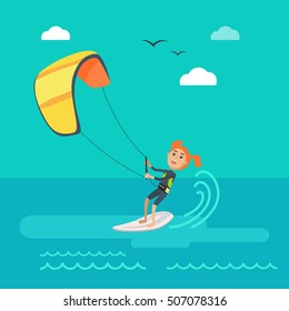 Kitesurfing vector concept. Joyful woman holding kite and sliding on sea surface on surf flat vector. Leisure on summer vacation. Resting on tropical seacoast. For kiteboarding club, travel company  