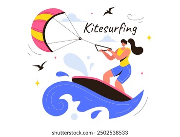 Ilustración vectorial de kitesurf con un kitesurfista de pie en un kiteboard en el mar de verano en deportes acuáticos extremos con un fondo de dibujos animados