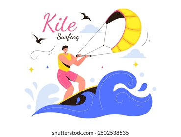 Kitesurfing Vektorgrafik mit einem Kitesurfer, der auf einem Kiteboard im Sommermeer im Extremwassersport mit Cartoon-Hintergrund steht