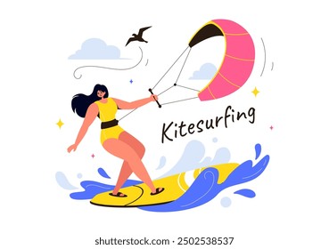 Kitesurfing Vektorgrafik mit einem Kitesurfer, der auf einem Kiteboard im Sommermeer im Extremwassersport mit Cartoon-Hintergrund steht