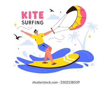 Ilustración vectorial de kitesurf con un kitesurfista de pie en un kiteboard en el mar de verano en deportes acuáticos extremos con un fondo de dibujos animados