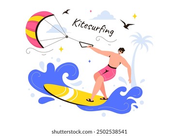 Kitesurfing Vektorgrafik mit einem Kitesurfer, der auf einem Kiteboard im Sommermeer im Extremwassersport mit Cartoon-Hintergrund steht