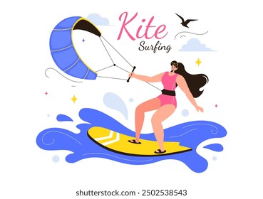 Kitesurfing Vektorgrafik mit einem Kitesurfer, der auf einem Kiteboard im Sommermeer im Extremwassersport mit Cartoon-Hintergrund steht