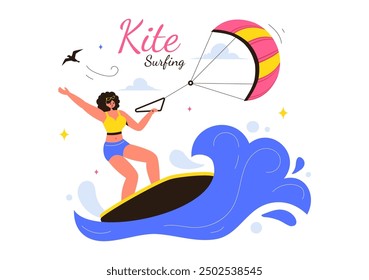 Kitesurfing Vektorgrafik mit einem Kitesurfer, der auf einem Kiteboard im Sommermeer im Extremwassersport mit Cartoon-Hintergrund steht