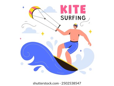 Kitesurfing Vektorgrafik mit einem Kitesurfer, der auf einem Kiteboard im Sommermeer im Extremwassersport mit Cartoon-Hintergrund steht