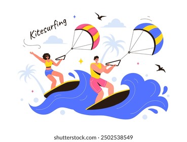 Kitesurfing Vektorgrafik mit einem Kitesurfer, der auf einem Kiteboard im Sommermeer im Extremwassersport mit Cartoon-Hintergrund steht