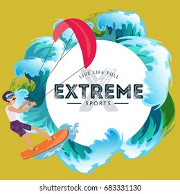 kitesurfing water extreme sports, isolated design element for summer vacation activity concept, cartoon wave surfing, sea beach vector illustration, active lifestyle adventure
