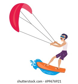 kitesurfing water extreme sports, isolated design element for summer vacation activity concept, cartoon wave surfing, sea beach vector illustration, active lifestyle adventure