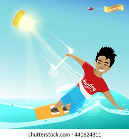 Kitesurfing.Surfing. Cartoon stylized summer poster. Vector flat illustration. Young kitesurfer. Helicopter with "Summer" banner. Sea/ocean and sunlight background.Sport for those who love freedom.