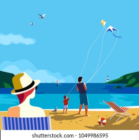 Kiting on sea beach. Family leisure activity on sand seashore. Colorful cartoon. Adult father, small boy son enjoy flying kites. Summer vacation tourist trip. Vector ocean seascape scenic background