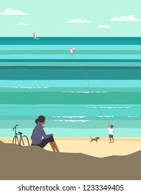 Kiting on sea beach. Leisure fun activity on sand seashore. Colorful minimal style cartoon. Small boy enjoy with flying kite. Summer vacation rest, relaxatoin. Vector ocean seascape scenic background