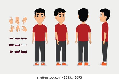 Diseño de personajes de Cartoon Boy: vista frontal, lateral y posterior Ilustración vectorial