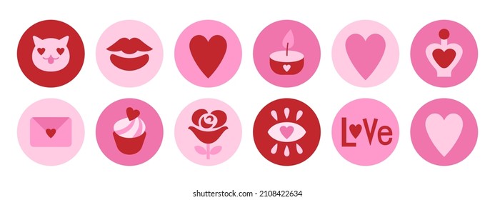 Kitsch St. Valentine round icons. Pink love and hearts symbol set. Romantic icon collection.