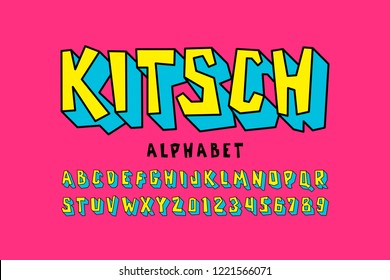 Kitsch style font, pop art alphabet letters and numbers vector illustration