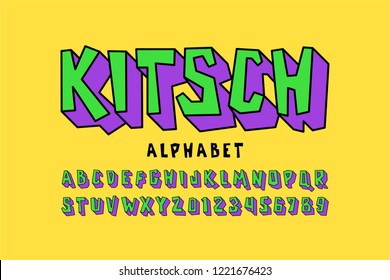 Kitsch style font, pop art alphabet letters and numbers vector illustration