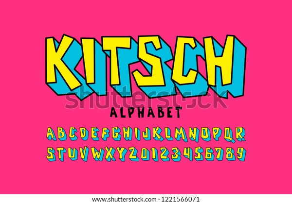 Kitsch style font, pop art alphabet letters\
and numbers vector\
illustration