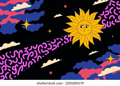 Kitsch Trippy Abstract Illustration, Cheerful Sun On The Background Of A Black Sky In Spots. Psychedelic Acid Artwork.