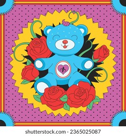 kitschy illustration. Colorful kitschy poster in the form of a collage with primitive patterns and drawings. Vector illustration.