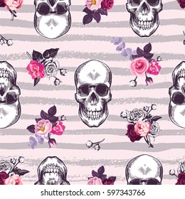 Kitschy seamless pattern with human skulls and half-colored buds of rose flowers against pink background with gray horizontal grungy stripes. Vector illustration for fabric print, banner, postcard.