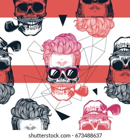 Kitschy seamless pattern, human skulls with hipster hairstyle, stylish sunglasses, mustache and tobacco pipe against geometric outline and horizontal red stripes on background. Vector illustration.