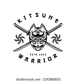 Kitsune mit Kreuzkatana japanesee Wolf Logo in Schwarz-Weiß-Vektorgrafik im Vintage-Stil