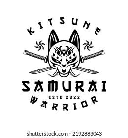 Kitsune and cross Katana samurai Shuriken Head japanesee Wolf Logo in vintage style black and white vector illustration