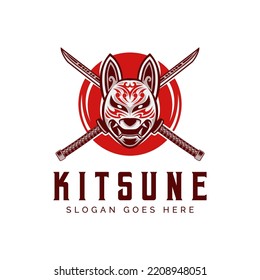 Kitsune y Cross Katana samurai Shuriken Head Japan Wolf Logo Moderno Style Vector ilustración