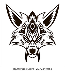 Kitsune Drawing Vector. Kitsune Wolf Head Black And White Drawing Vector illustration. Black and white illustration of a Japanese fox mask on a white background. Kitsune mask.