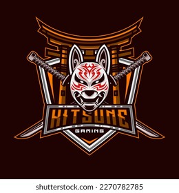 Kitsune E-Sport Logo. Kitsune and Cross Katana Samurai Head Japan Wolf Logo Modern Style Vector illustration