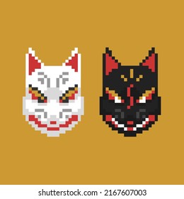 Kitsune Festival Fox Face Mask Black Red White Yellow Gold 8bit Pixel Art Style