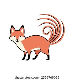 Kitsune Flat Vector Illustration, Multiple Tails, Stylized Fox, Simple Design, Clean Lines, White Background