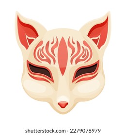 Kitsune Folklore japan Maske, asiatischer Mythologie-Maskottfuchs im Cartoon-Stil einzeln auf weißem Hintergrund.