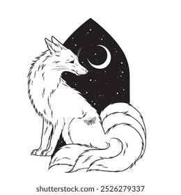 Raposa Kitsune com cinco caudas folclore mágico animal sobre o céu noturno com lua crescente mão desenhada linha arte tatuagem gótica design isolado vetor ilustração