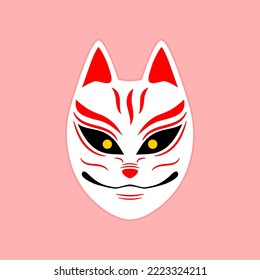 Kitsune fox mask japanese anime style on pink background flat vector icon design.