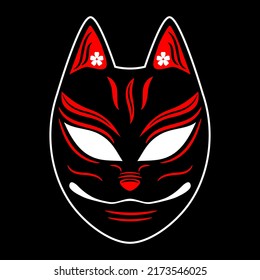 Kitsune fox mask japanese style tattoo sticker flat vector black red icon design.