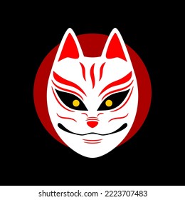 Kitsune fox mask on red circle japanese anime style black background flat vector icon design.