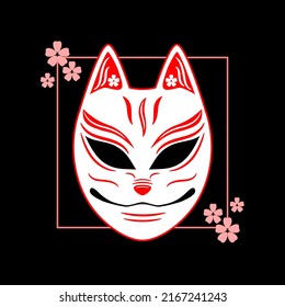 Kitsune fox mask with pink sakura flowers on black background japanese style flat vector icon design.