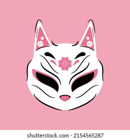 Kitsune fox mask with sakura flower on pink background japanese style flat vector icon design.